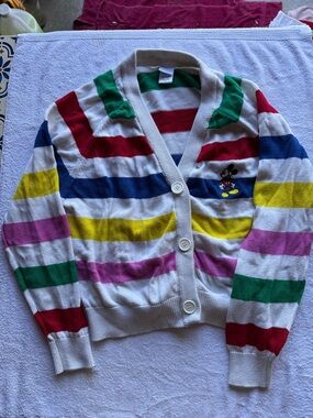 Disney White Cardigan with Rainbow Stripes and Mickey Patch